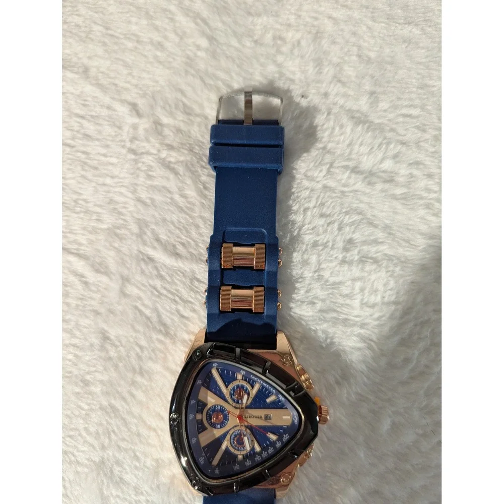 Liboger Wristwatch Mens OS Blue  Triangular Chronograph Silicone Strap Nwot